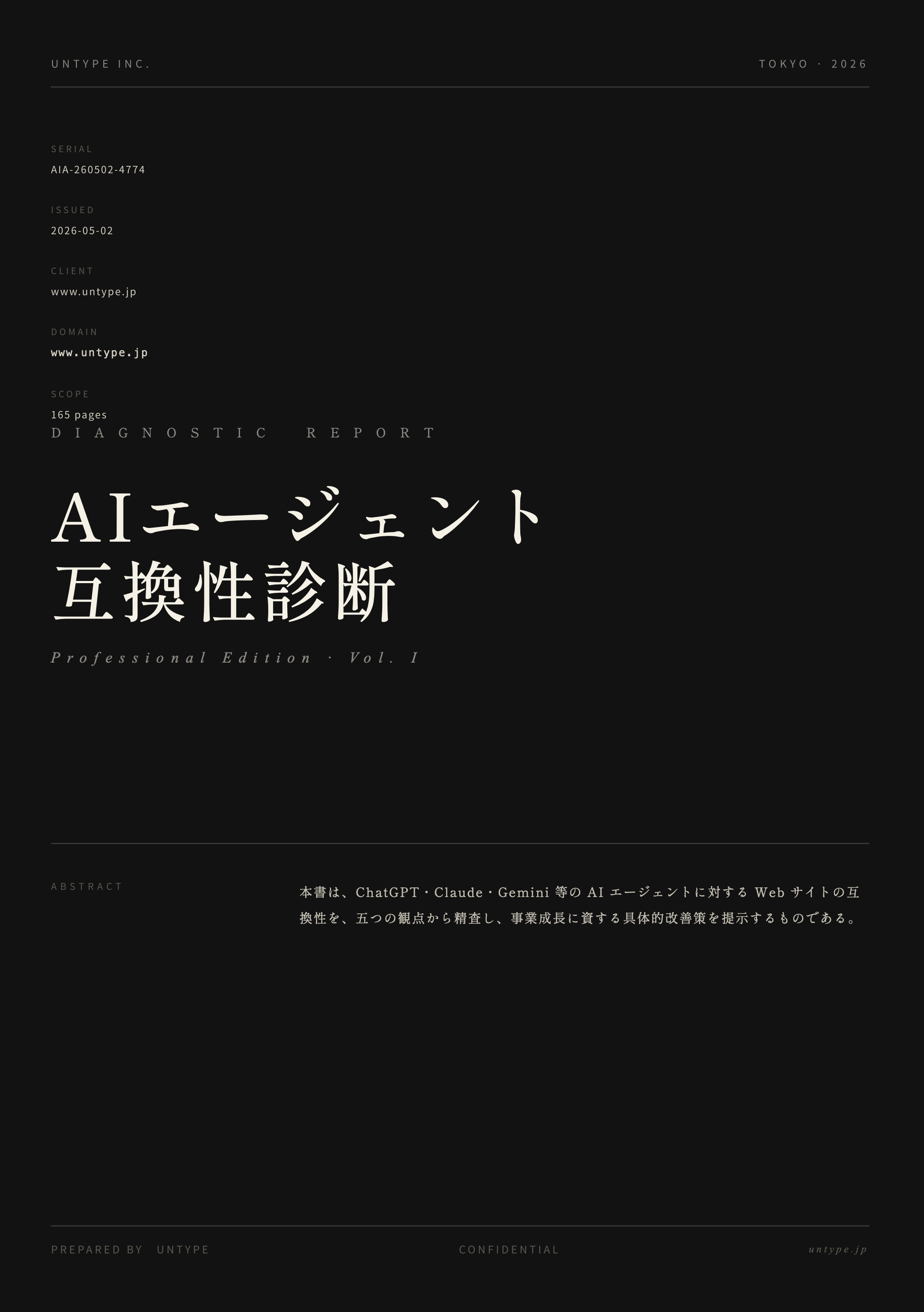 Pro 診断レポート Cover ページ — AIエージェント互換性診断 Professional Edition